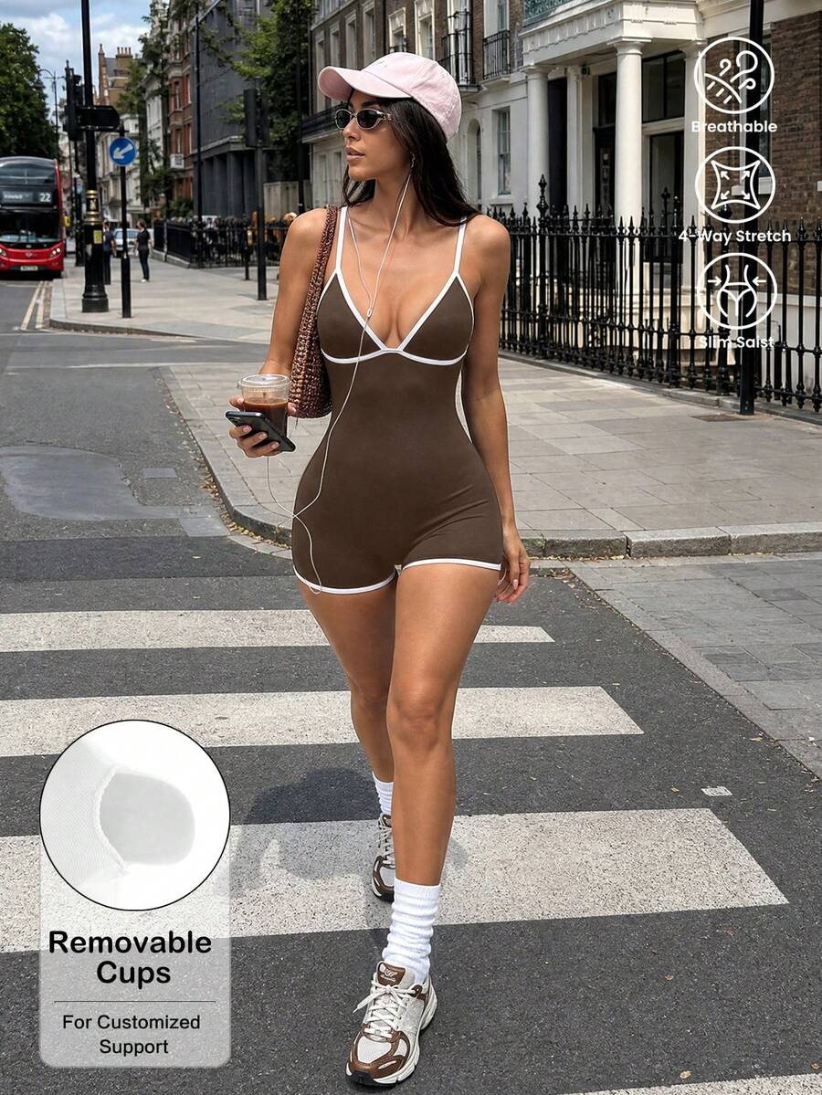 SHEIN Sports 女款休閒街頭風拼色細肩帶運動連身褲 - 咖啡棕 - 查看 1