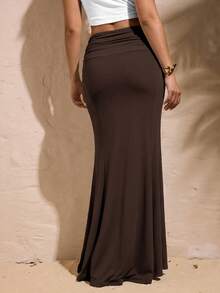 Opulessa Rok Wanita Polos Kasual Elegan Serbaguna untuk Sehari-hari, Cocok untuk Kencan, Makan Malam, Cokelat Tua, Musim Gugur - Coklat - View 4