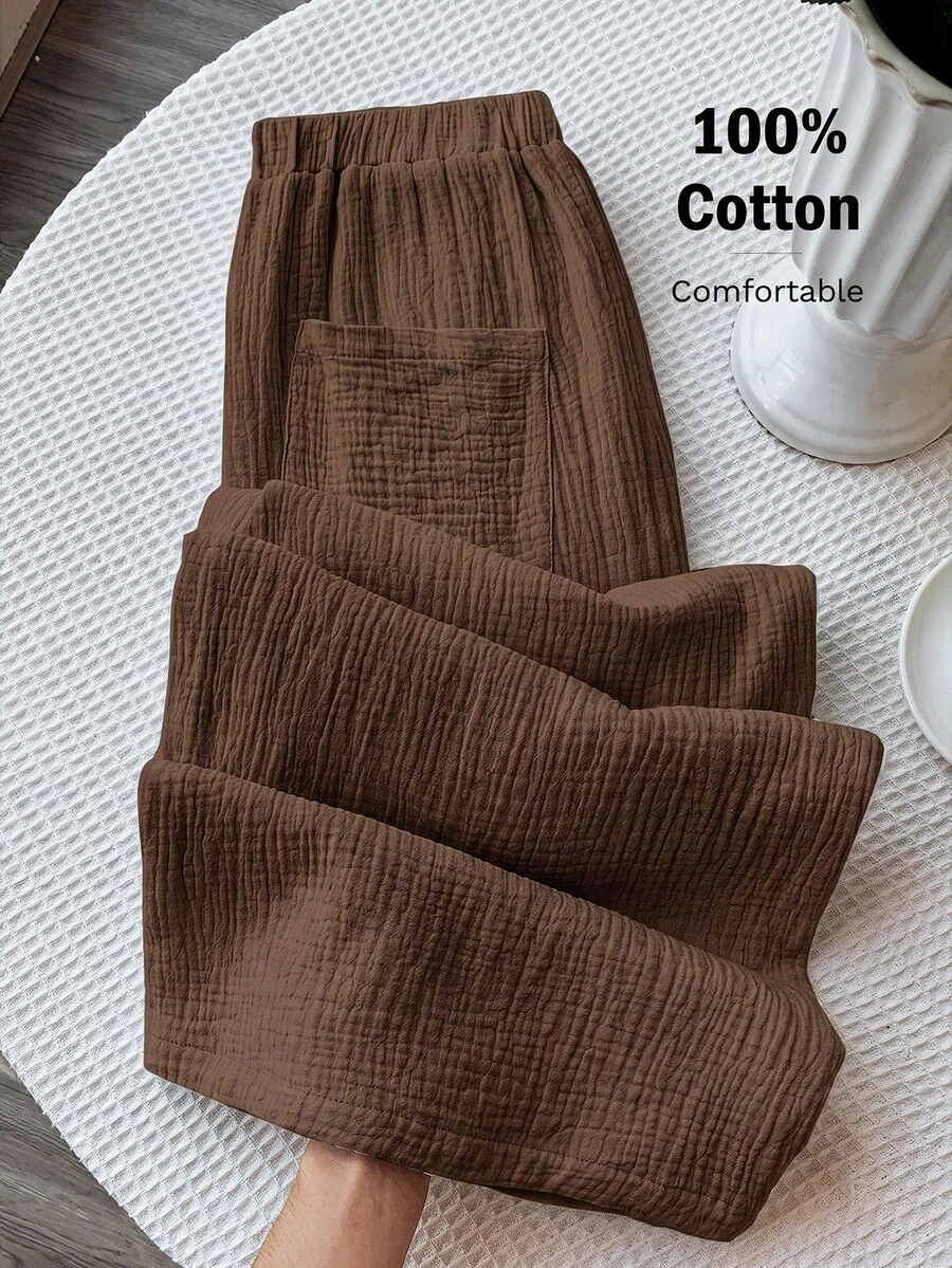 Comfortcana 夏季休閒度假純色克ريب寬鬆長褲 - 棕色 - 查看 1