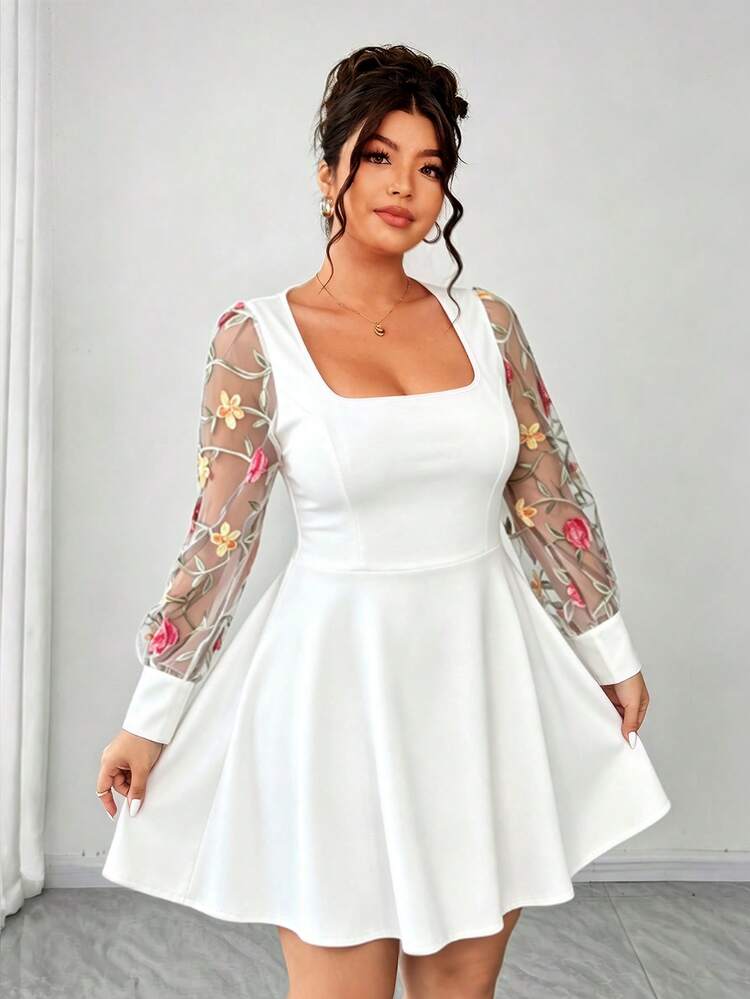 Elenzga Women's Plus Size Square Neck Solid Color Mesh Patchwork Embroidered Long Sleeve Cinched Waist Full Skirt Elegant Dress Fall - White - View 1