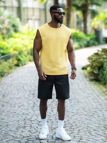 thenoahjr thenoahjr Men's Summer Solid Color Waffle Pattern Round Neck Casual Tank Top - Yellow - View 1