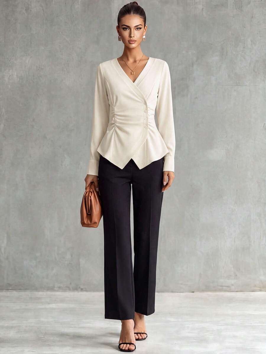Franclia Minimalist Solid Color Casual Long Sleeve Ruched Hem Women Shirt - Apricot - View 1