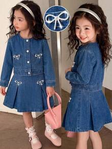 Girls' Autumn/Spring Denim 2-Piece Set, Baby Blue Washed Denim Jacket With Pockets, Rhinestone Bow, High-Waist A-Line Skirt, Pleated Design, School - Blue - View 11