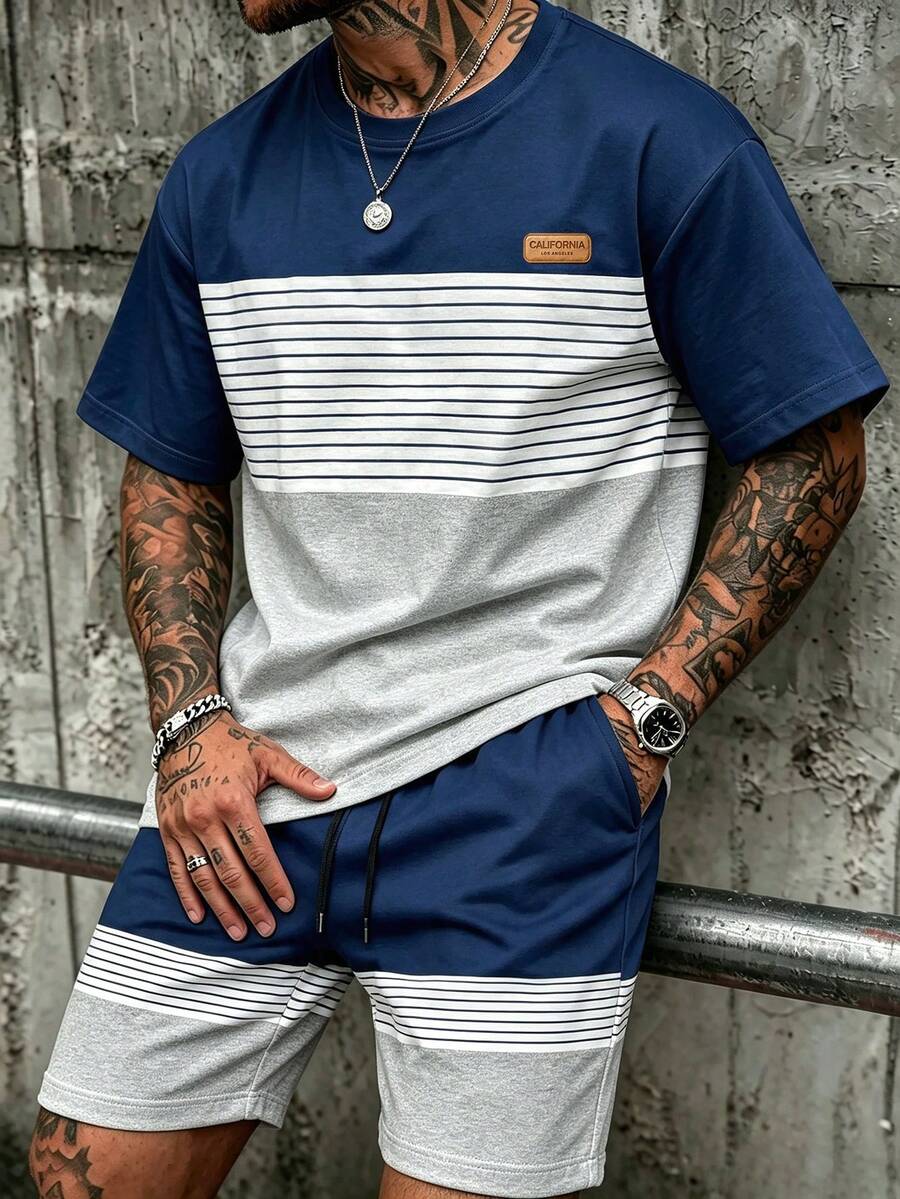 Fenqiro Set Kaos dan Celana Pendek Patchwork Blok Warna Pria - MultiWarna - View 1