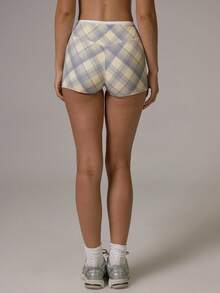 Musera Sport Contrast Colour Checkered Fitted High Rise Mini Active Shorts Fall Autumn Winter Gym Workout Cute - Multicolor - View 5