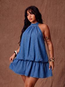 Slaydiva Gaun Denim Tanpa Punggung Model Halter Neck Ukuran Plus Kasual Seksi untuk Liburan, Kencan Malam Formal, Biru Musim Gugur - Coklat - View 6