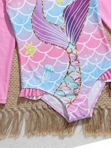 THE HAPPY LOOK Young Girls T-Shirt Co-Ords Baby One-Piece Swimsuit Long Sleeve Colorblock Raglan Sleeves Mermaid Print Ruffle Hem Ocean Print Pink Multicolor Cute Style Cute Print Vacation Style Suitable For Baby Spring Summer Outings Spring Trips Vacation Pool Beach Sand Baby Swimwear - Multicolor - View 5