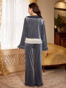 PalaceNights Autumn/Winter Velvet Long Sleeve Ruffle Trim Pajama Set - Dusty Blue - View 2