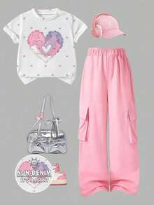SHEIN 青少年女孩休閒簡約百搭愛心印花T恤與工裝褲兩件套，春/秋季 - 彩色 - 查看 4