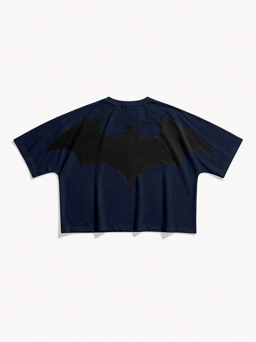 BATMAN X SHEIN STYNVO 男士蝙蝠印花圓領短袖休閒T恤 - 藏蓝色 - 查看 1