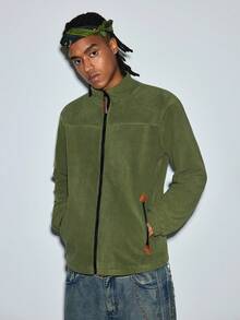 Modcrash Men's Casual Stand Collar Full Zip Minimalist Fleece Long Sleeve Jacket, Fall/Winter Fall/Autumn/Winter - Army Green - View 4