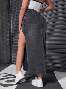 SHEIN EZwear 女款高腰側開衩下擺休閒性感街頭風牛仔裙，適合外出、夜生活、夜店，灰色，秋季 - 黑色 - 查看 2