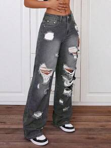 SHEIN ICON 大尺碼女款夏季前衛街頭風破洞直筒牛仔褲 - 深灰色 - 查看 3