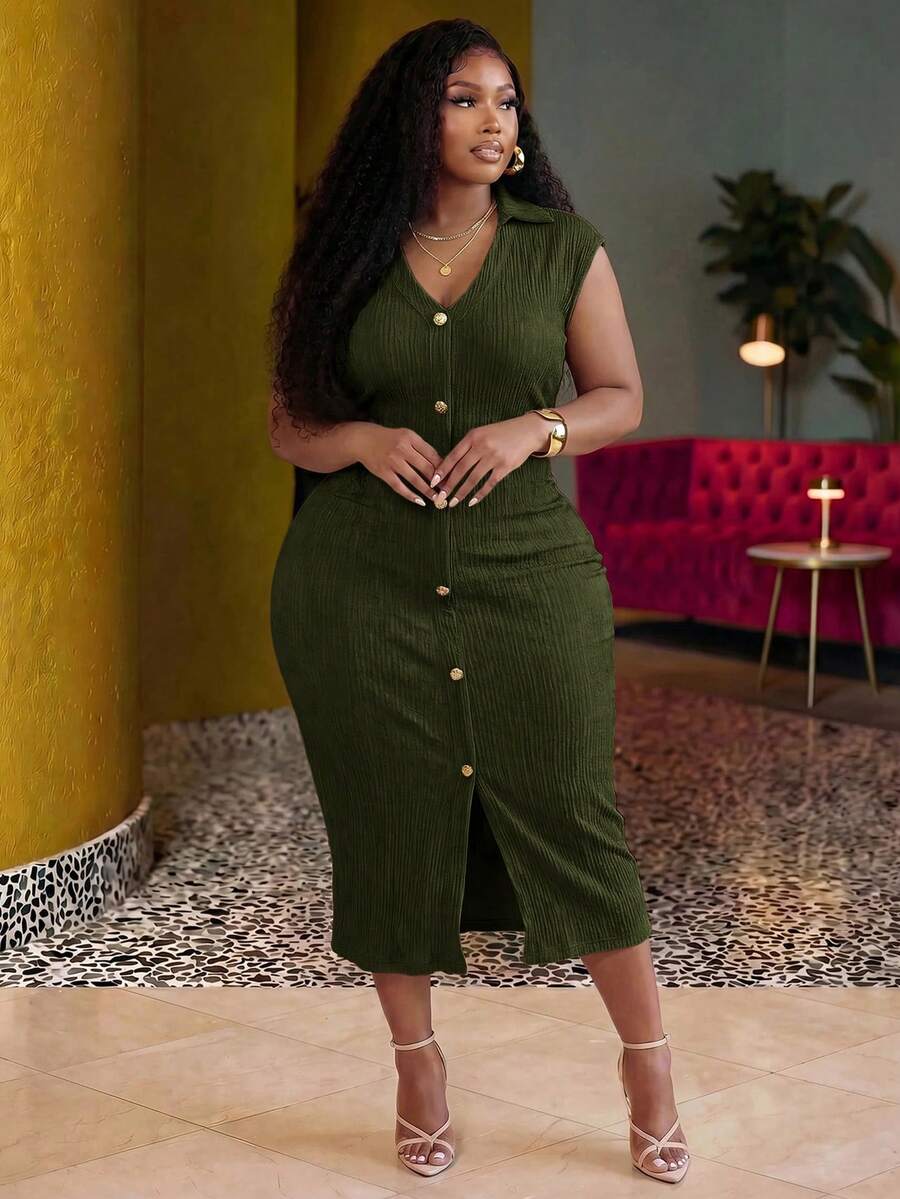 Veslaya Plus Size Women Textured Single-Breasted Dress For Honeymoon Travel And Garden Party - Army Green - View 1