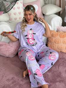 Slumberry CURVE Sweet INS Cute Halloween Pumpkin Bat BOO Print Comfortable Loose Knit Plus Size Pajama Set - Mauve Purple - View 1