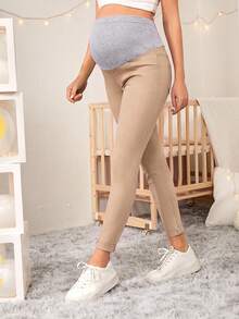 SHEIN 孕婦拼接色休閒日常穿著牛仔長褲 - 杏色 - 查看 7