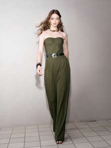 MOTF PREMIUM WOMEN'S PU PATCHWORK BANDEAU JUMPSUIT, AUTUMN/WINTER - Army Green - View 3