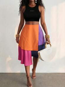 BamGlimmer Plus Size Women's Colorblock Casual Versatile Daily Wear Skirt - Multicolor - View 2