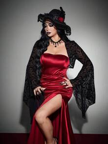 Whyspr Gaun Lilit Wanita Ukuran Plus + Jubah Lengan Lonceng Set Dua Potong Gaya Goth Halloween Musim Gugur - Burgundy - View 3