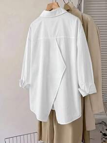 SHEIN CURVE+ Kemeja Wanita Ukuran Plus, Tanpa Punggung, Kasual, Longgar, Lengan Panjang, Musim Gugur - Putih - View 2
