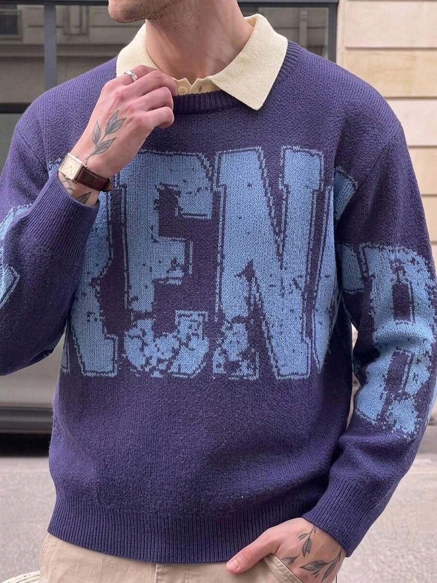 Manfinity LEGND Men's Fashion Vintage Jacquard Round Neck Long Sleeve Sweater For Daily Wear - Royal Blue - View 1