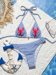 Swim Vcay Bộ bikini 2 mảnh nữ cúp tam giác họa tiết sọc tôm hùm, gợi cảm độc quyền, cạp cao - Màu xanh nhạt - Xem 5