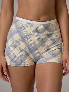 Musera Sport Contrast Colour Checkered Fitted High Rise Mini Active Shorts Fall Autumn Winter Gym Workout Cute - Multicolor - View 2
