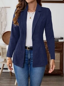 EMERY ROSE Women's Solid Color Lapel NeckLong Sleeve Casual Commuter Blazer - Navy Blue - View 4