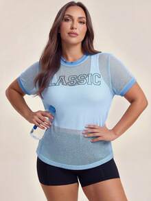 SHEIN Rhythm Era Women's Plus Size Letter Graphic Casual Daily Wear Sports T-Shirt - Blue - View 3