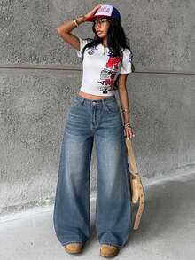 Teen Girl Y2k Dark Blue Denim Loose And Comfortable Straight-Leg Jeans For Rave Outfits Festival - Medium Wash - View 5