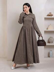 Veilorie Women's Autumn/Winter Casual Front Button Cinched Waist Long Dress - Brown - View 1