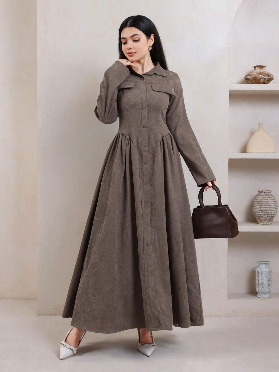 Veilorie Women's Autumn/Winter Casual Front Button Cinched Waist Long Dress - Brown - View 1