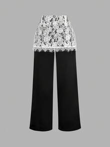SHEIN MOD 大尺碼女款蕾絲拼接休閒百搭日常穿著長褲 - 黑與白 - 查看 2