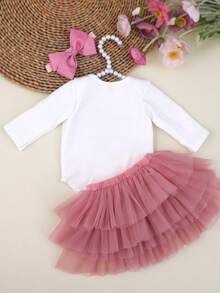 SHEIN 新生女孩摄影道具 女婴回家装 1 个月女婴连体衣道具 带 TUTU 裙和蝴蝶结头带 新生儿沐浴礼物 - 彩色 - 查看 2