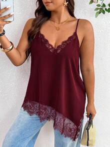 Lounesse Plus Size Women's Lace Patchwork Casual Versatile Daily Wear Camisole Top - Burgundy - View 9
