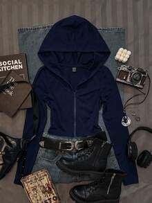 SHEIN EZwear Women's Casual Minimalist Angel Rhinestone Slogan Print Pattern Navy Blue Slim Fit Hooded T-Shirt Autumn - Navy Blue - View 2