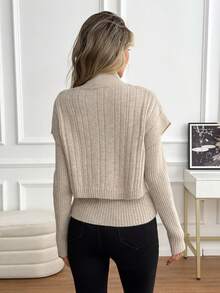 SHEIN PariChic Autumn/Winter Casual Solid Color Stand Collar Short Sleeve Sweater & Long Sleeve Sweater 2pcs Set - Apricot - View 2