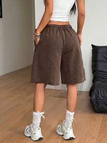 Coolane Women's Summer Streetwear Casual Sportswear Gym Drawstring Waist Athleisure Versatile Daily Wear Acid Washed Cotton Brown Shorts - Brown - View 7