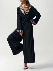Bohemela Jumpsuit Wanita Lengan Panjang Rajut Warna Polos Kasual - Hitam - View 2
