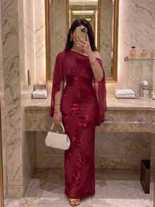 Lumalex Gaun Jala Cokelat Tanpa Lengan dengan Bahu Asimetris dan Aplikasi Bunga 3D - Burgundy - View 6