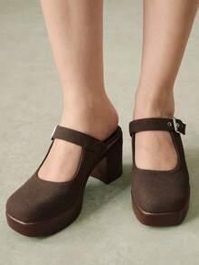 Styleloop Outdoor Women's Square Toe Pu Bottom Fleece Fabric, Fashionable, Simple, Breathable And Comfortable Party Buckle Style, Exposed Heel Shoes - dark brown - View 7