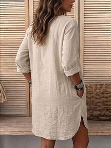 Linhara CURVE 2026 New All-Season Long Sleeve Plus Size Woven Casual Cardigan Shirt Dress Fall - Khaki - View 2