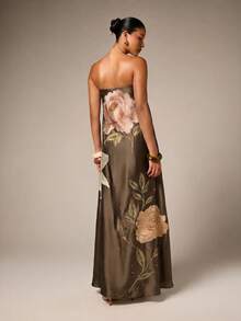 AiiRZ Strapless Maxi Dress With Large Scale Floral Embroidery On Satin A-Line Silhouette For Evening And Special Occasions - Army Green - View 2