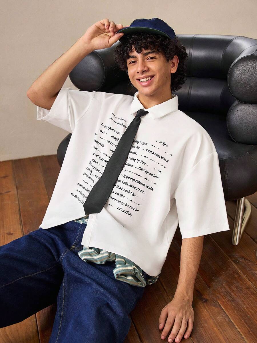 Whitmere Casual Fashion Men's Printed College Style Short Sleeve Shirt - White - View 1