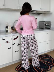 ZzzCrew Pink Ice Silk Ribbed Women's Pajama Set With Small V-Neck, Contrast Lace, Silk Lace Pumpkin Design - Pink - View 3