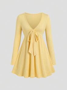 Sweetra Spring Summer Autumn Winter Pale Yellow Knitted Textured Jacquard Fashion Sexy Cottagecore Cute Low V-Neck Bowknot Waist A-Line Short Dress - Yellow - View 1