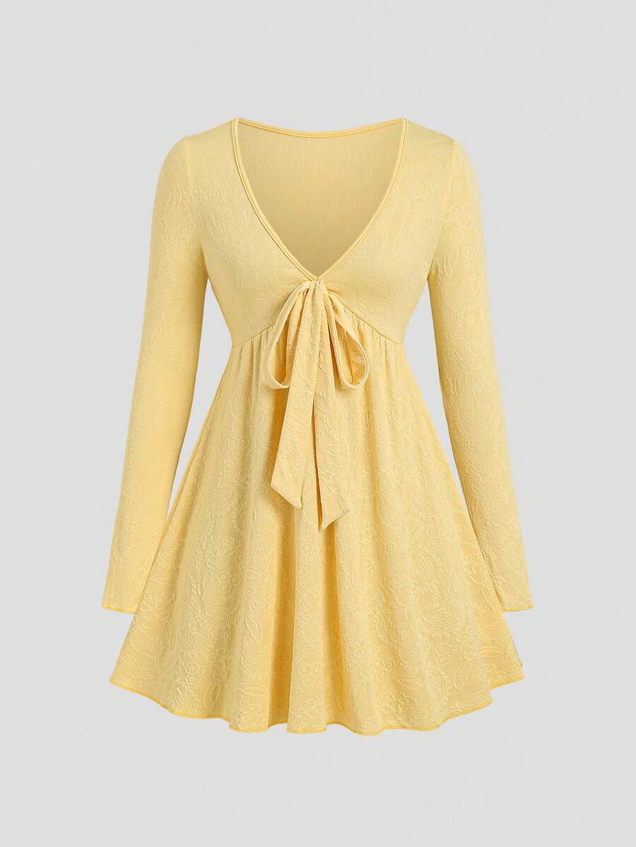 Sweetra Spring Summer Autumn Winter Pale Yellow Knitted Textured Jacquard Fashion Sexy Cottagecore Cute Low V-Neck Bowknot Waist A-Line Short Dress - Yellow - View 1