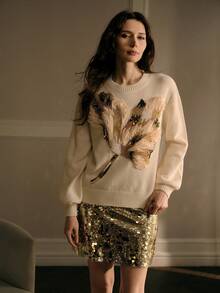 MOTF SEQUIN BEADED FLORAL PATTERN SWEATER - Apricot - View 5