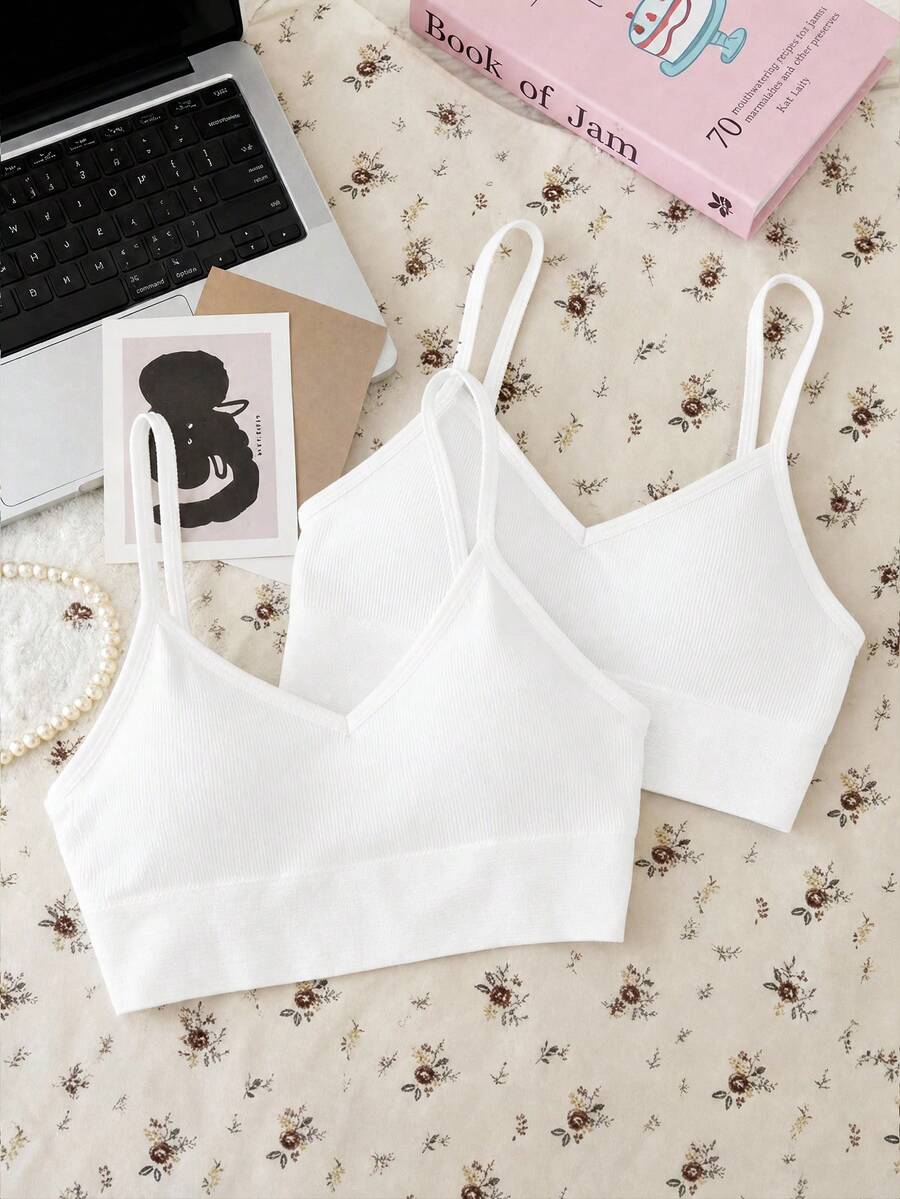 SHEIN Dozemod Teen Girl Teen Girl Simple Comfortable Padded Knit Seamless Sports Casual Backless Bra 2pcs Set - White - View 1