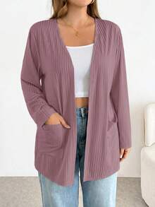 SHEIN Essnce Plus Size Autumn Casual Solid Color Double Pocket Jacket - Dusty Purple - View 6